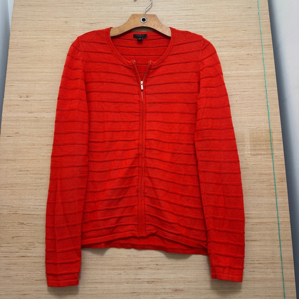 Ann Taylor Factory Red Ribbed Full Zip Cardigan Sweater Womens Medium Textured